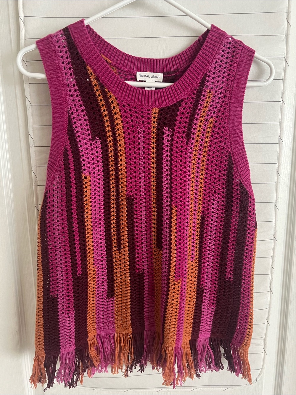 Tribal Open-Knit Fringe Sleeveless Sweater